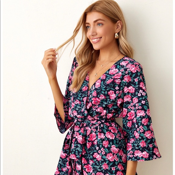 Surplice Neck Belted Floral Print Romper - Picture 5 of 8